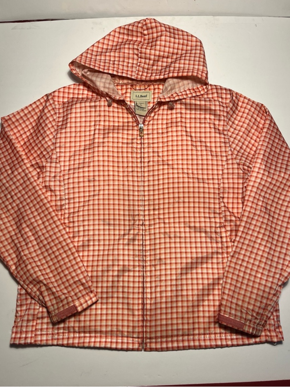 L.L. Bean Lightweight Windbreaker Jacket Orange Plaid Hood Full Zip Women Size L